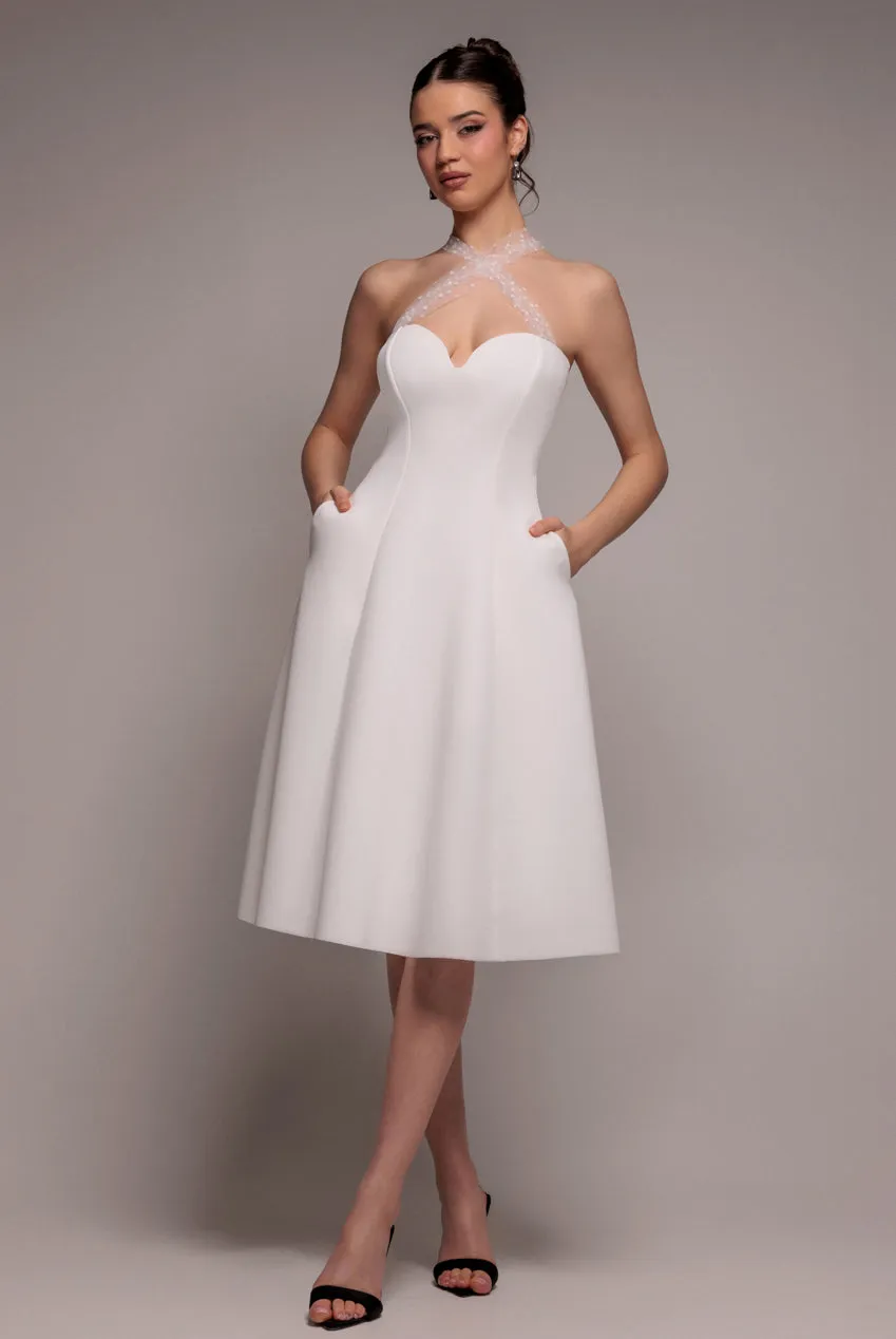 Scuba & Polka Mesh Bella Bow Multiway A-Line Midi Dress - White by Goddiva sold by Goddiva product image thumbnail 4