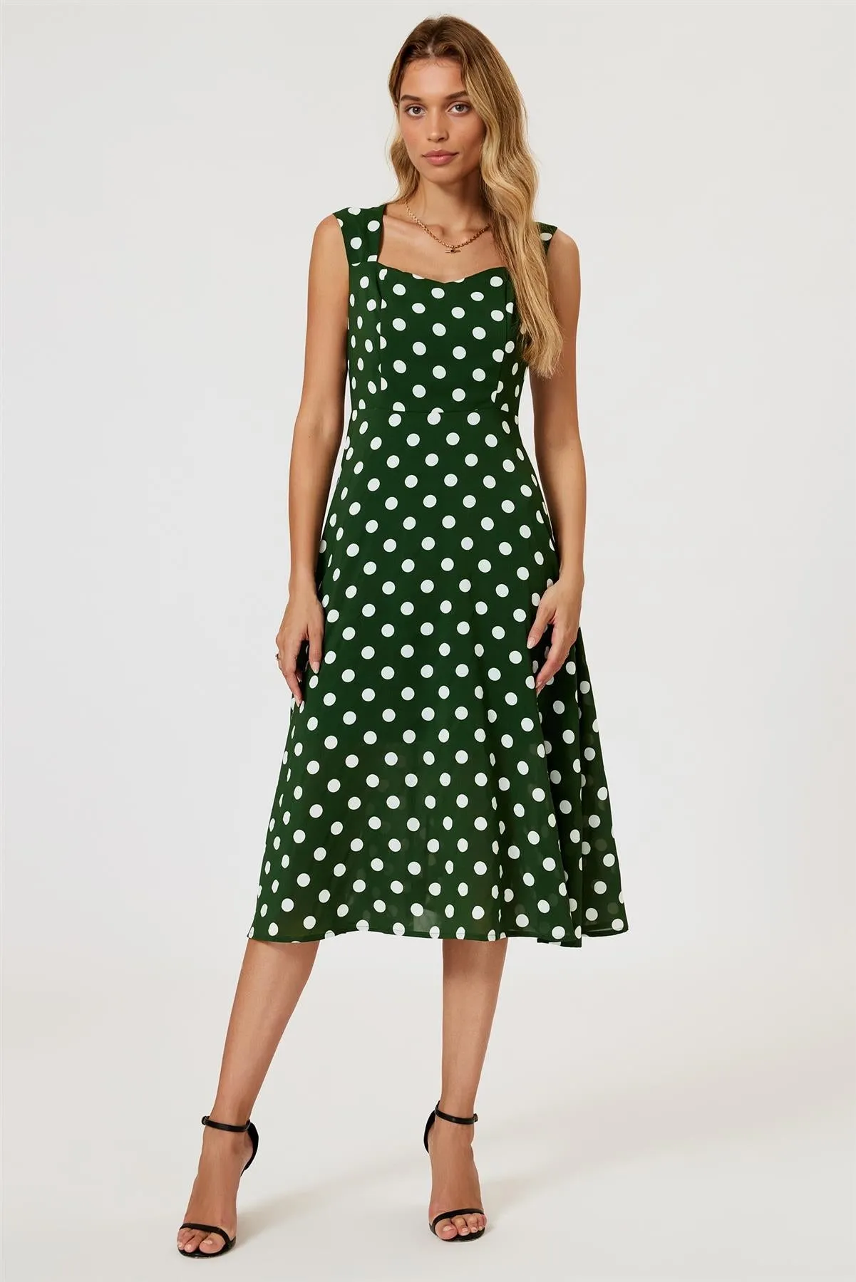 Polka Dot Print Heart Neck Midi Green by FS Collection sold by Goddiva product image thumbnail 2