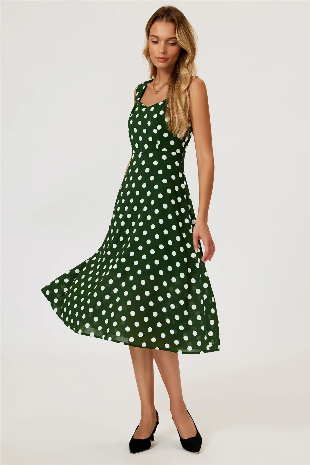 Polka Dot Print Heart Neck Midi Green by FS Collection sold by Goddiva product image thumbnail 3
