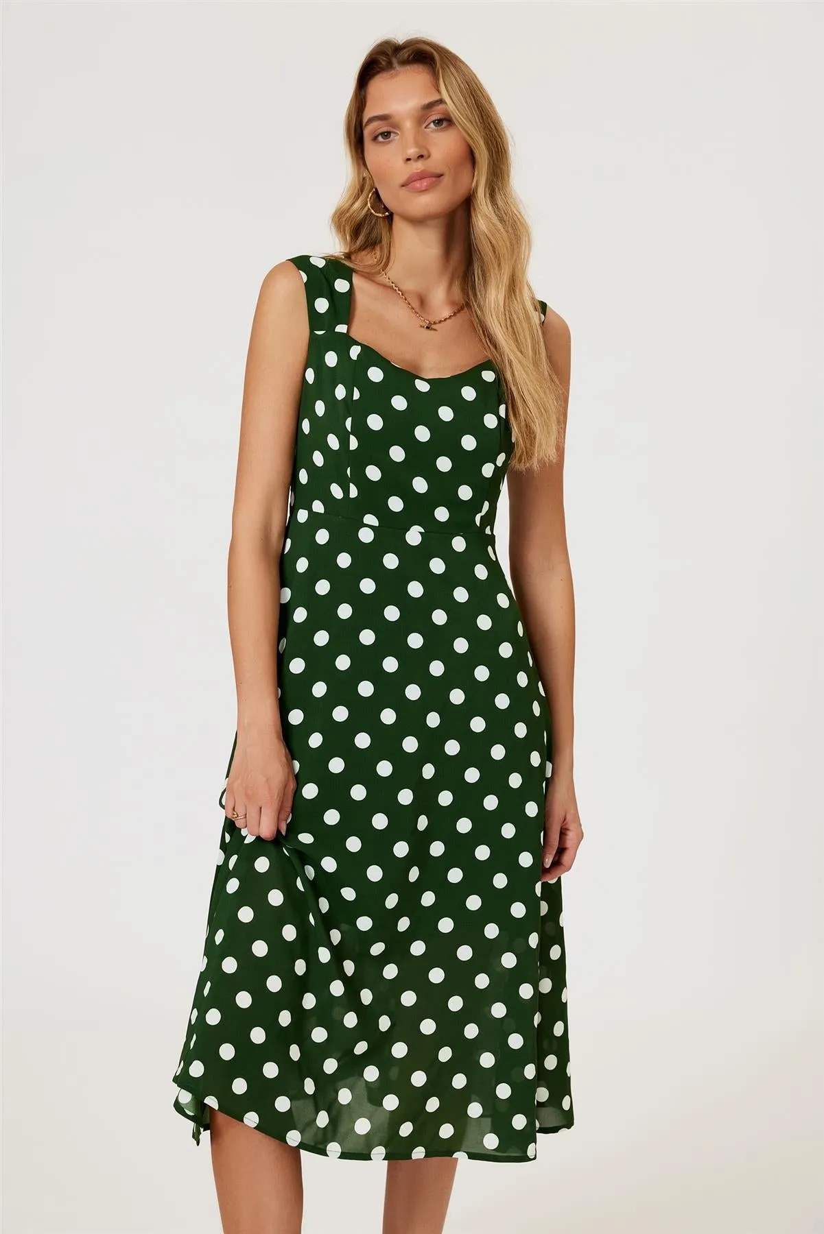 Polka Dot Print Heart Neck Midi Green by FS Collection sold by Goddiva product image thumbnail 4