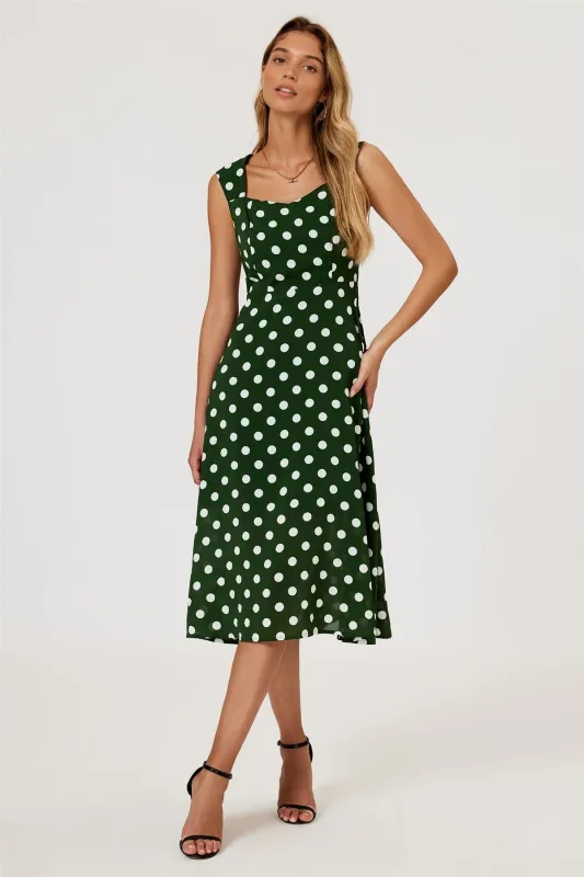 Polka Dot Print Heart Neck Midi Green by FS Collection made by Goddiva