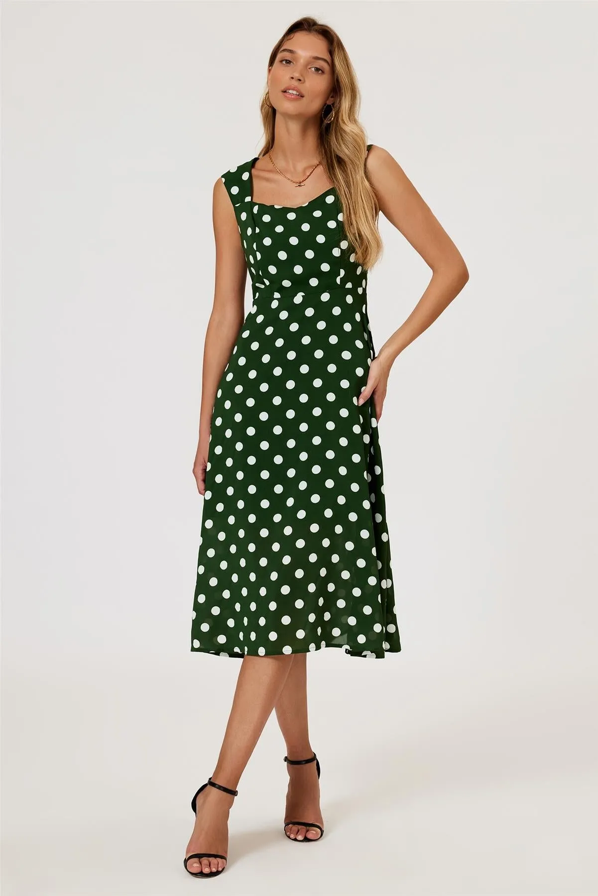 Polka Dot Print Heart Neck Midi Green by FS Collection sold by Goddiva