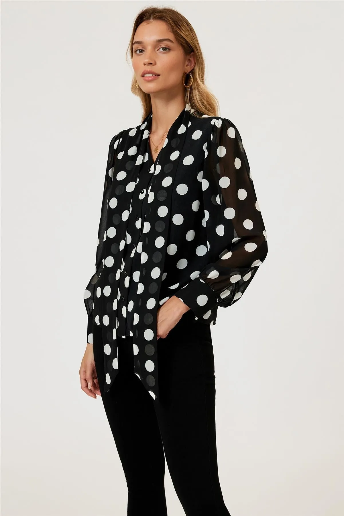 Dot Print Tie Detail Long Sleeve Blouse Top In Black by FS Collection sold by Goddiva product image thumbnail 4