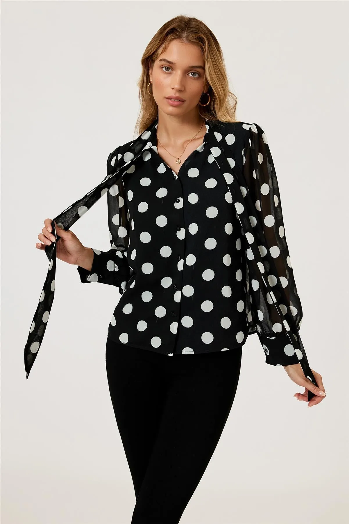 Dot Print Tie Detail Long Sleeve Blouse Top In Black by FS Collection sold by Goddiva