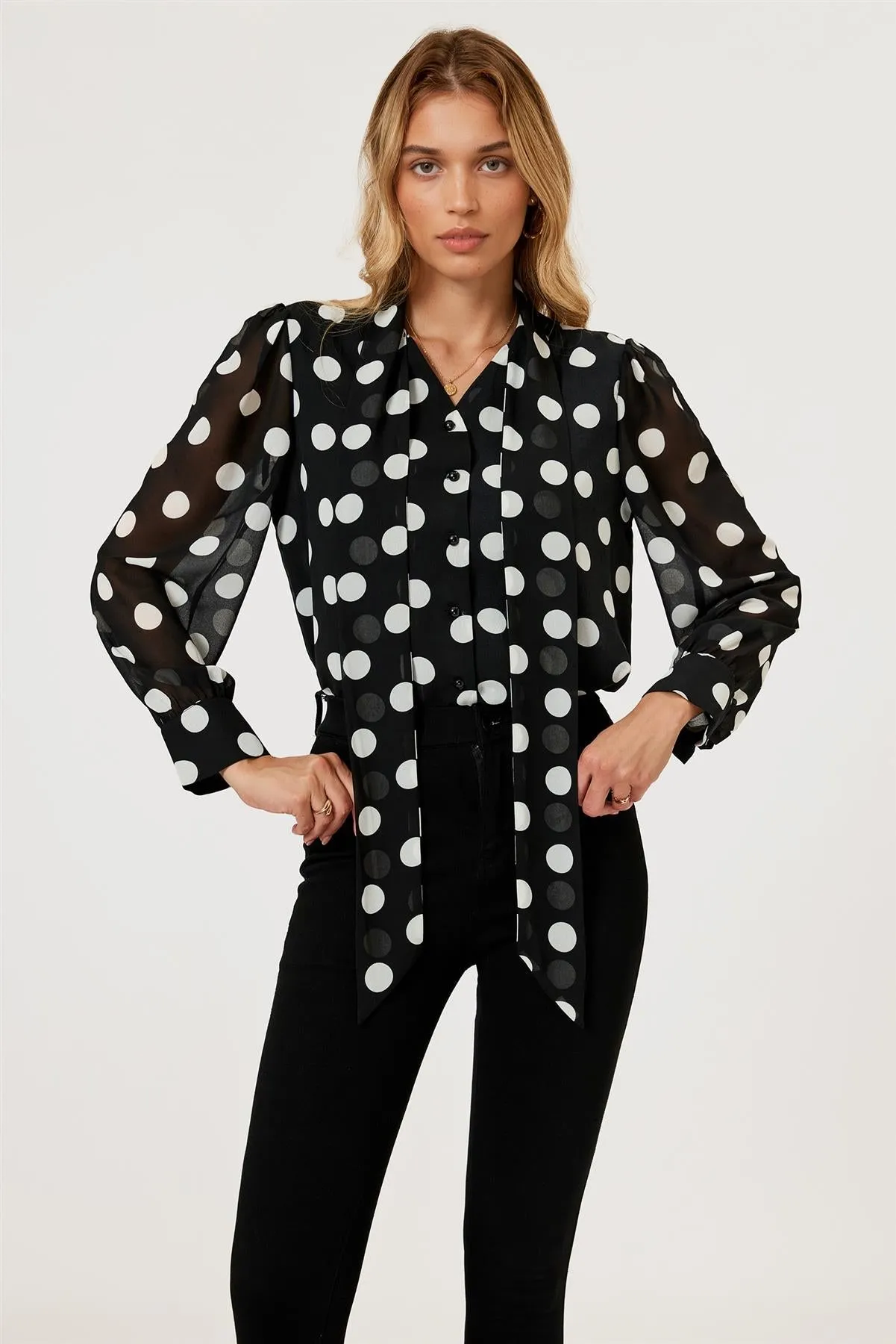 Dot Print Tie Detail Long Sleeve Blouse Top In Black by FS Collection sold by Goddiva product image thumbnail 5
