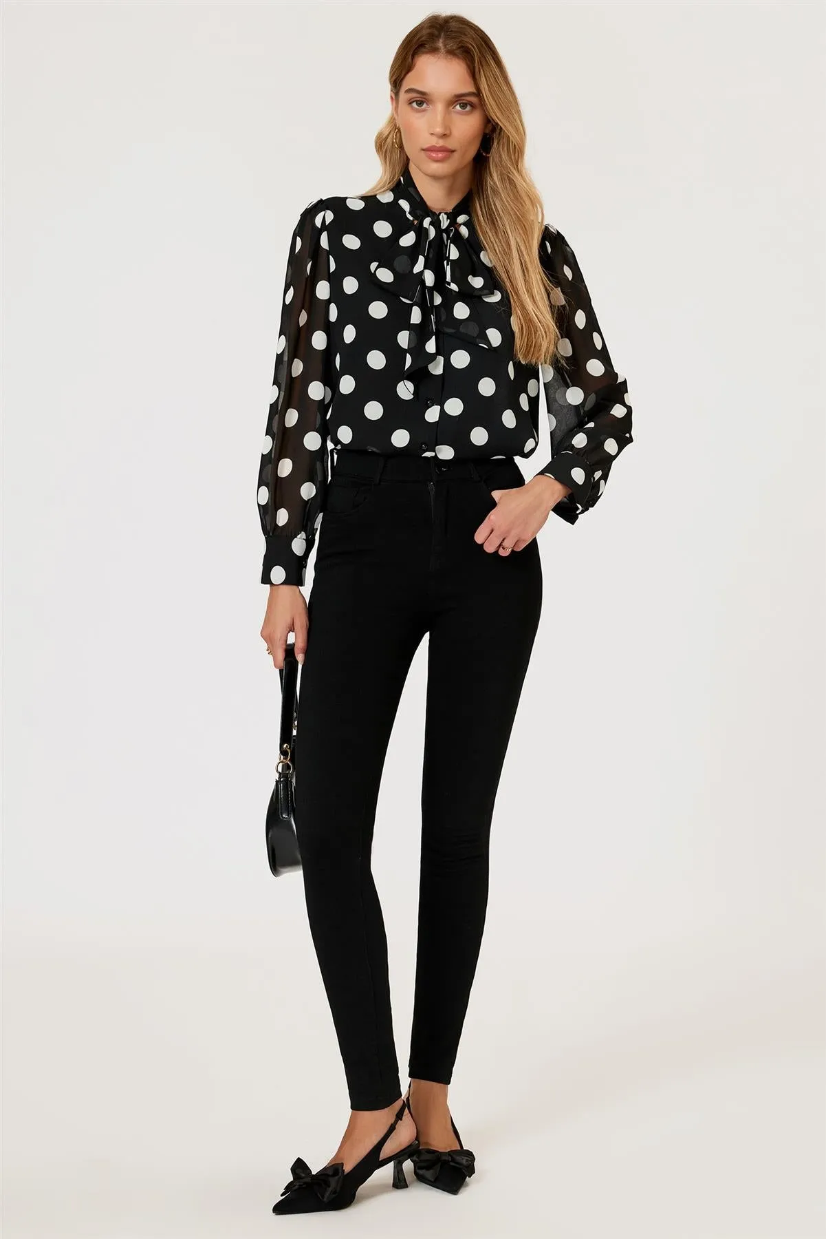Dot Print Tie Detail Long Sleeve Blouse Top In Black by FS Collection sold by Goddiva product image thumbnail 2