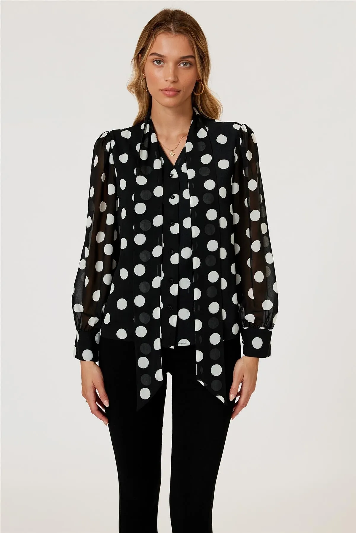 Dot Print Tie Detail Long Sleeve Blouse Top In Black by FS Collection sold by Goddiva product image thumbnail 3