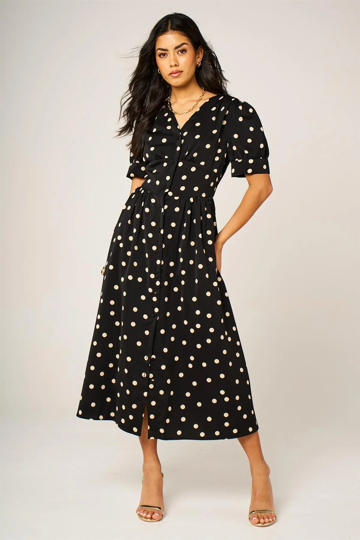 Dot Print Button Front Midi Dress In Black With Puff Sleeves by FS Collection sold by Goddiva product image thumbnail 3