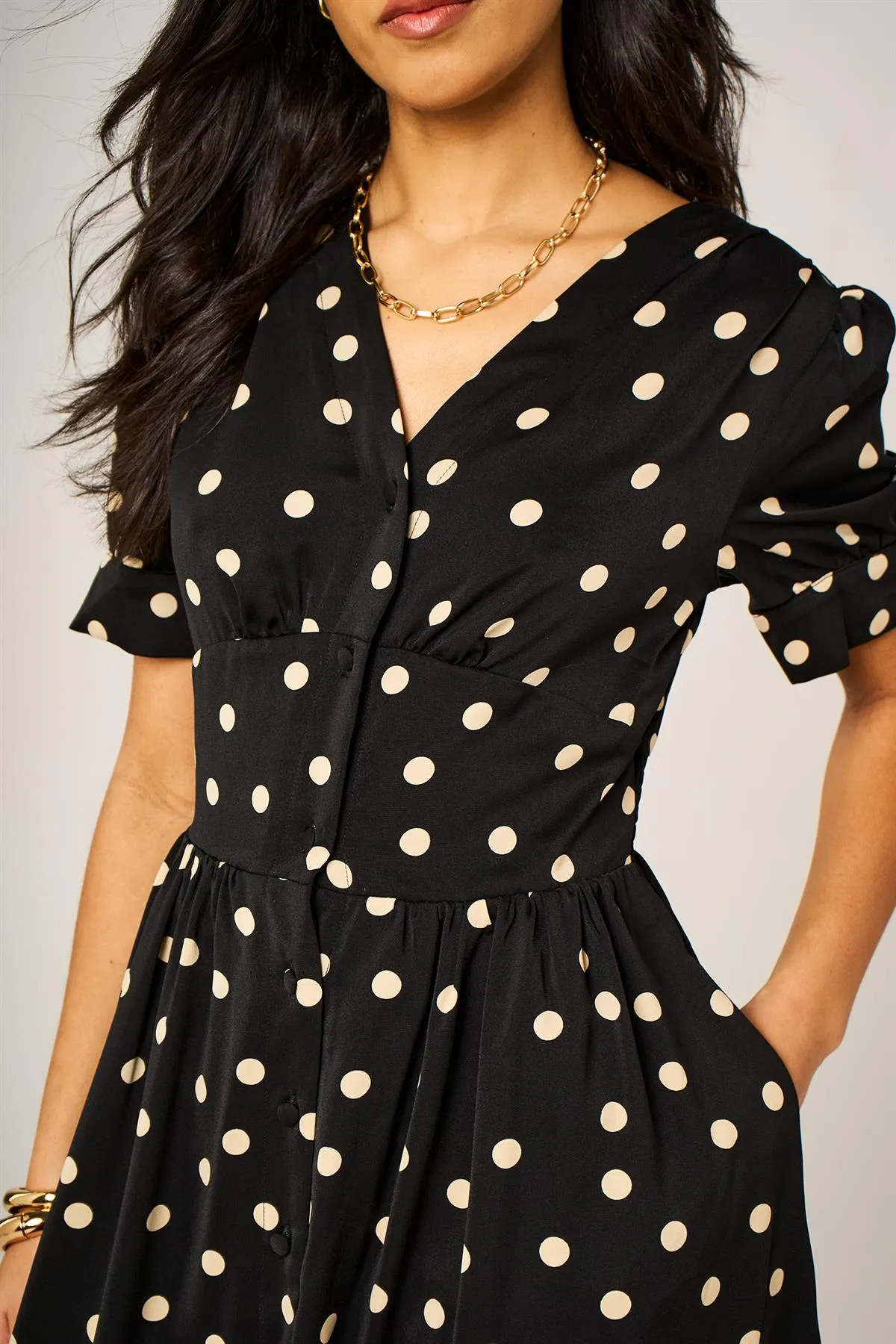 Dot Print Button Front Midi Dress In Black With Puff Sleeves by FS Collection sold by Goddiva product image thumbnail 4