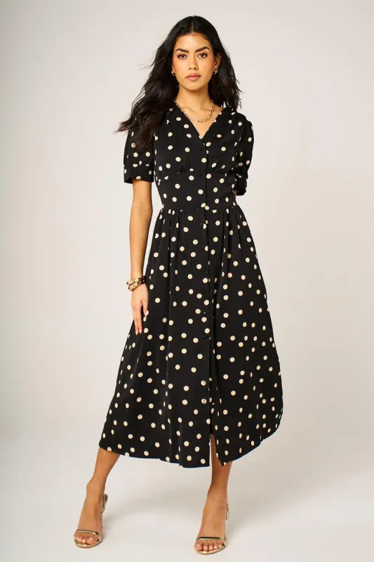 Dot Print Button Front Midi Dress In Black With Puff Sleeves by FS Collection made by Goddiva