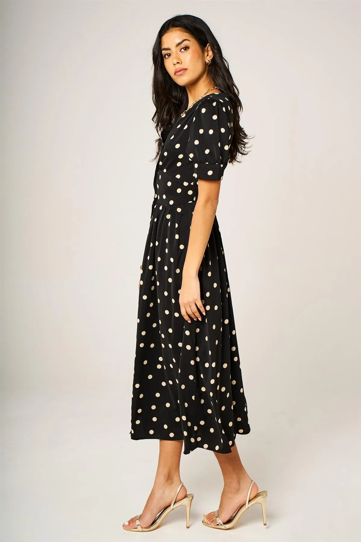 Dot Print Button Front Midi Dress In Black With Puff Sleeves by FS Collection sold by Goddiva product image thumbnail 5