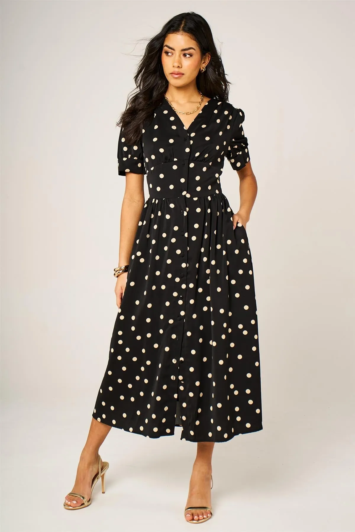 Dot Print Button Front Midi Dress In Black With Puff Sleeves by FS Collection sold by Goddiva product image thumbnail 2