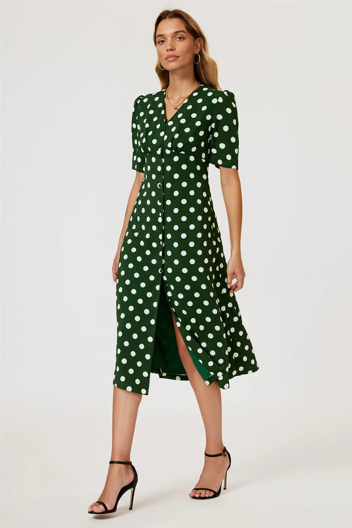 Polka Dot Print Button Front Midi Dress In Green by FS Collection sold by Goddiva product image thumbnail 3