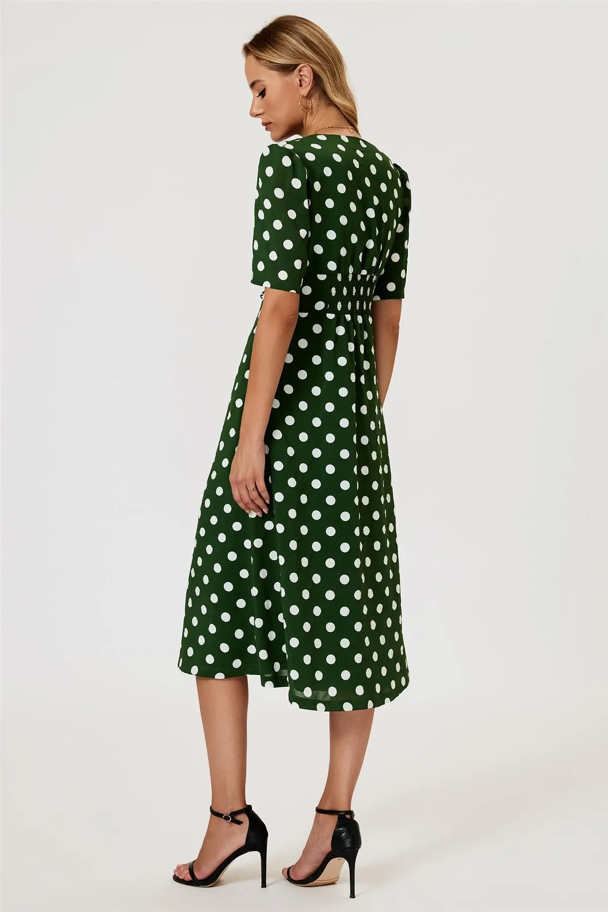 Polka Dot Print Button Front Midi Dress In Green by FS Collection sold by Goddiva product image thumbnail 4