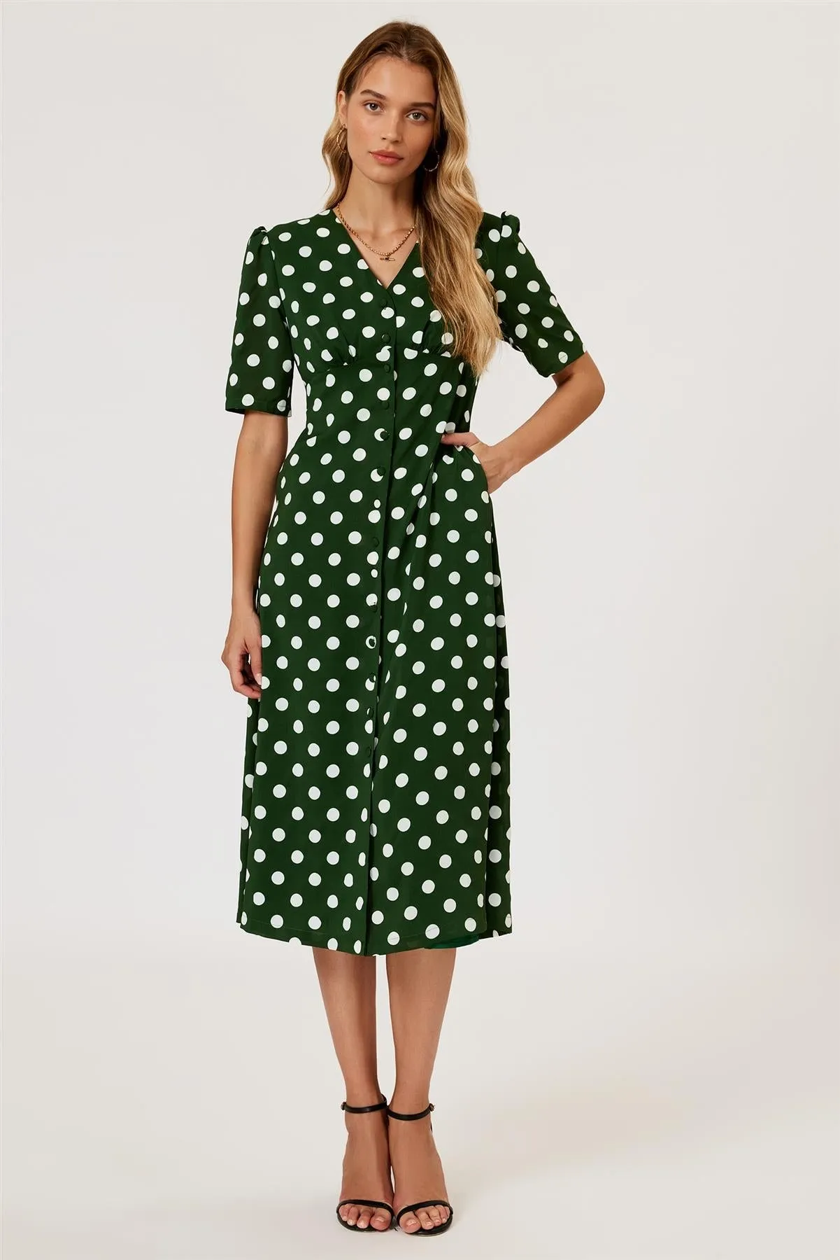 Polka Dot Print Button Front Midi Dress In Green by FS Collection sold by Goddiva