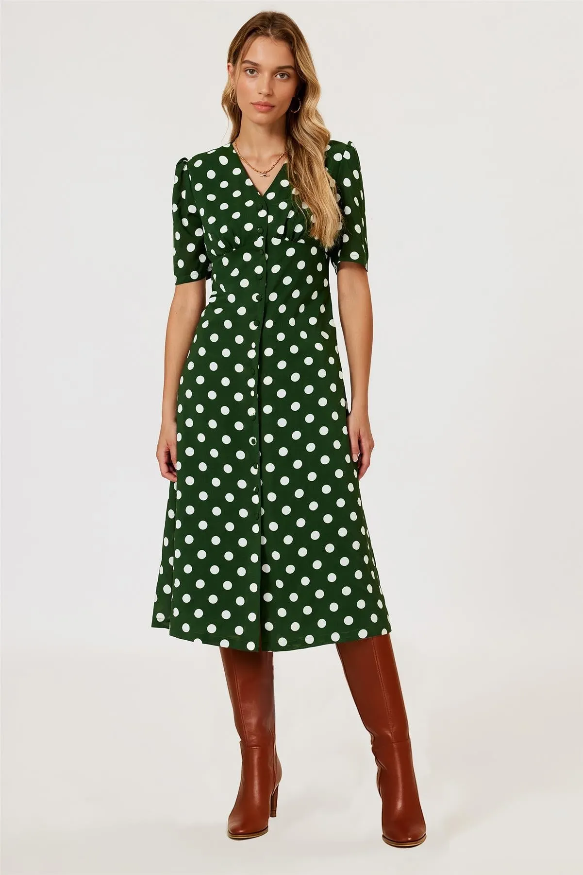 Polka Dot Print Button Front Midi Dress In Green by FS Collection sold by Goddiva product image thumbnail 5