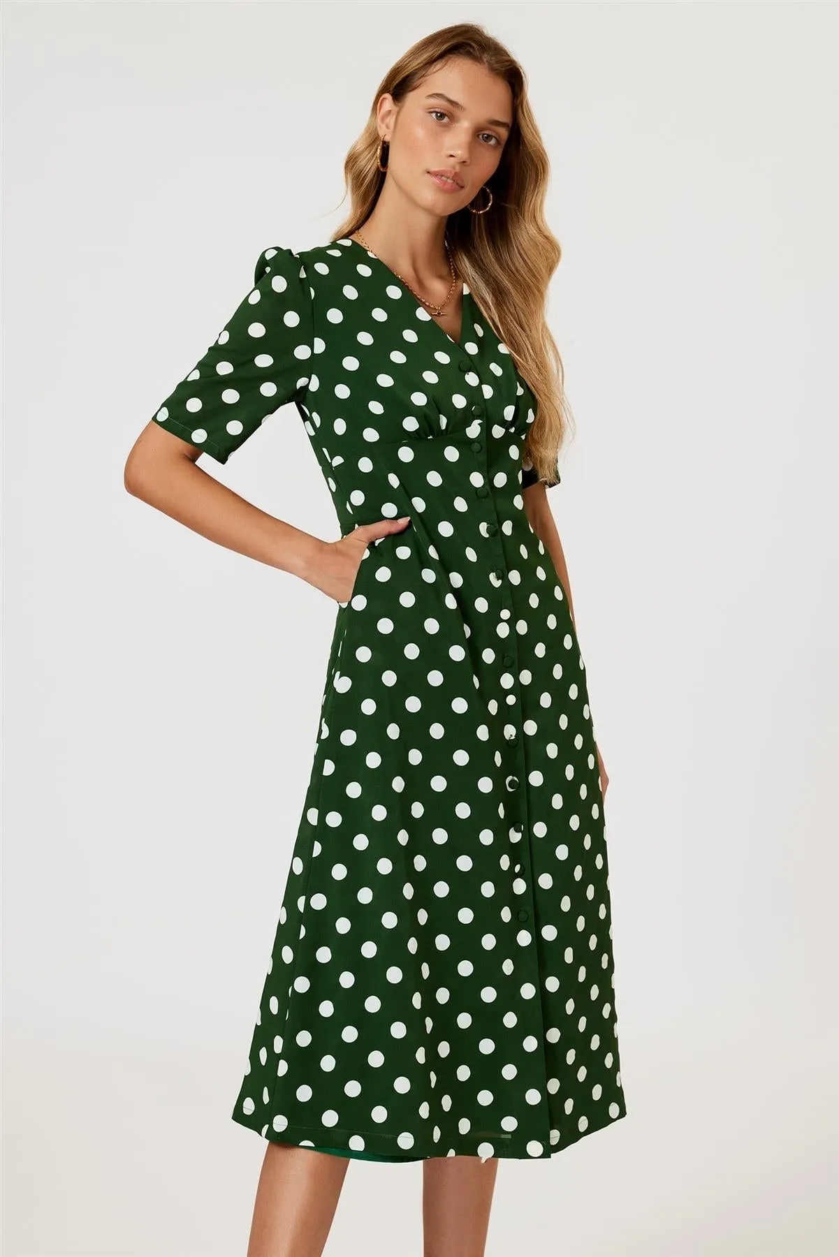 Polka Dot Print Button Front Midi Dress In Green by FS Collection sold by Goddiva product image thumbnail 2