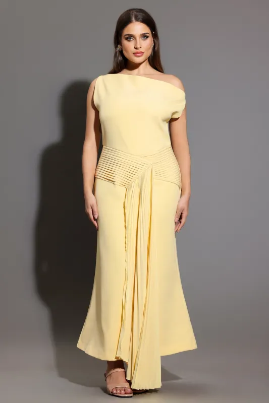 Paulina Oblique Shoulder Sleeveless Folds Yellow Midi Dress by Bella Barnett made by Bella Barnett