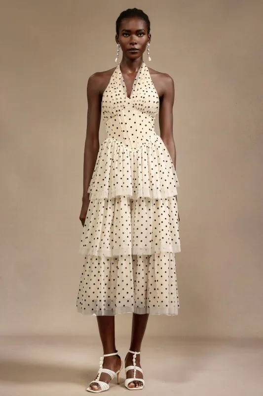 Julieta Sleeveless Dot Printed Layered Folds Midi Dress by Bella Barnett made by Bella Barnett