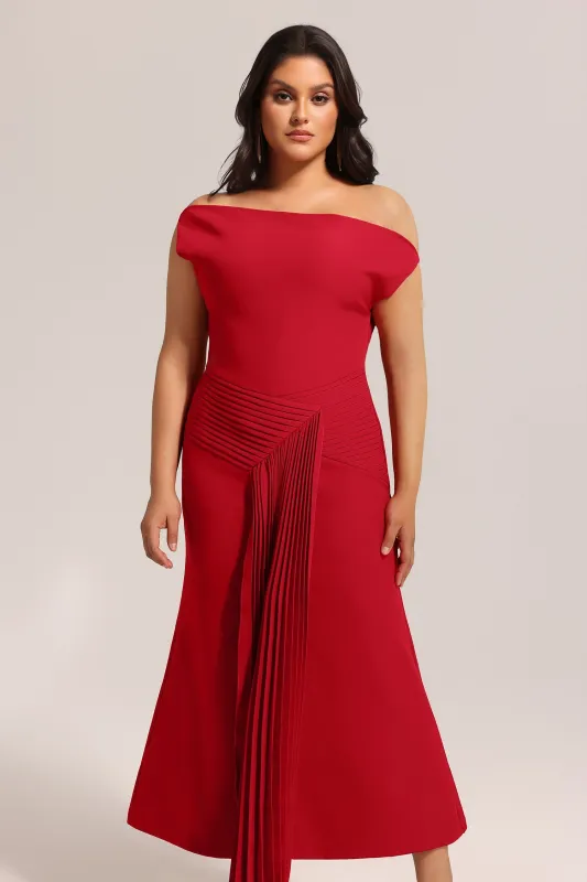 Jillian Oblique Shoulder Sleeveless Folds Midi Dress by Bella Barnett made by Bella Barnett