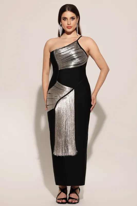 Roanna One Shoulder Sleeveless Tassels Bandage Maxi Dress by Bella Barnett made by Bella Barnett