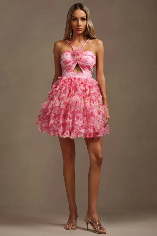 Daware Sleeveless Flower Printed Hollow Out Folds Mini Dress by Bella Barnett made by Bella Barnett