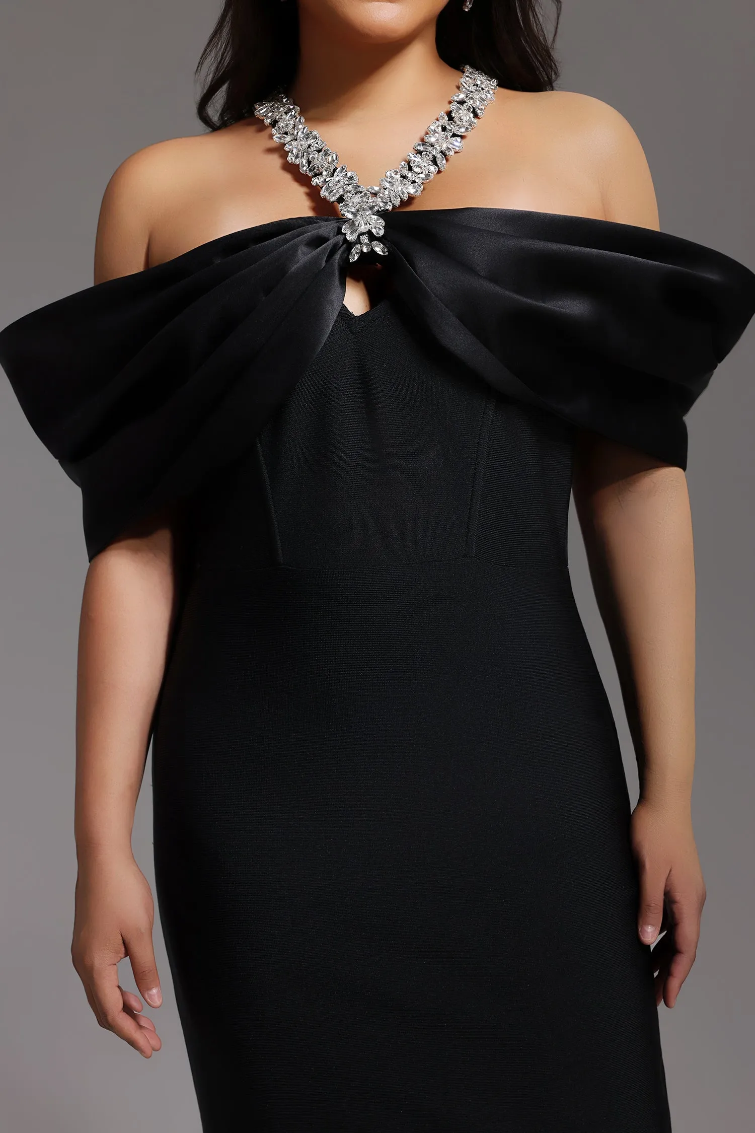 Sloan Halter Diamond Off-The-Shoulder Bandage Maxi Dress by Bella Barnett sold by Goddiva product image thumbnail 5