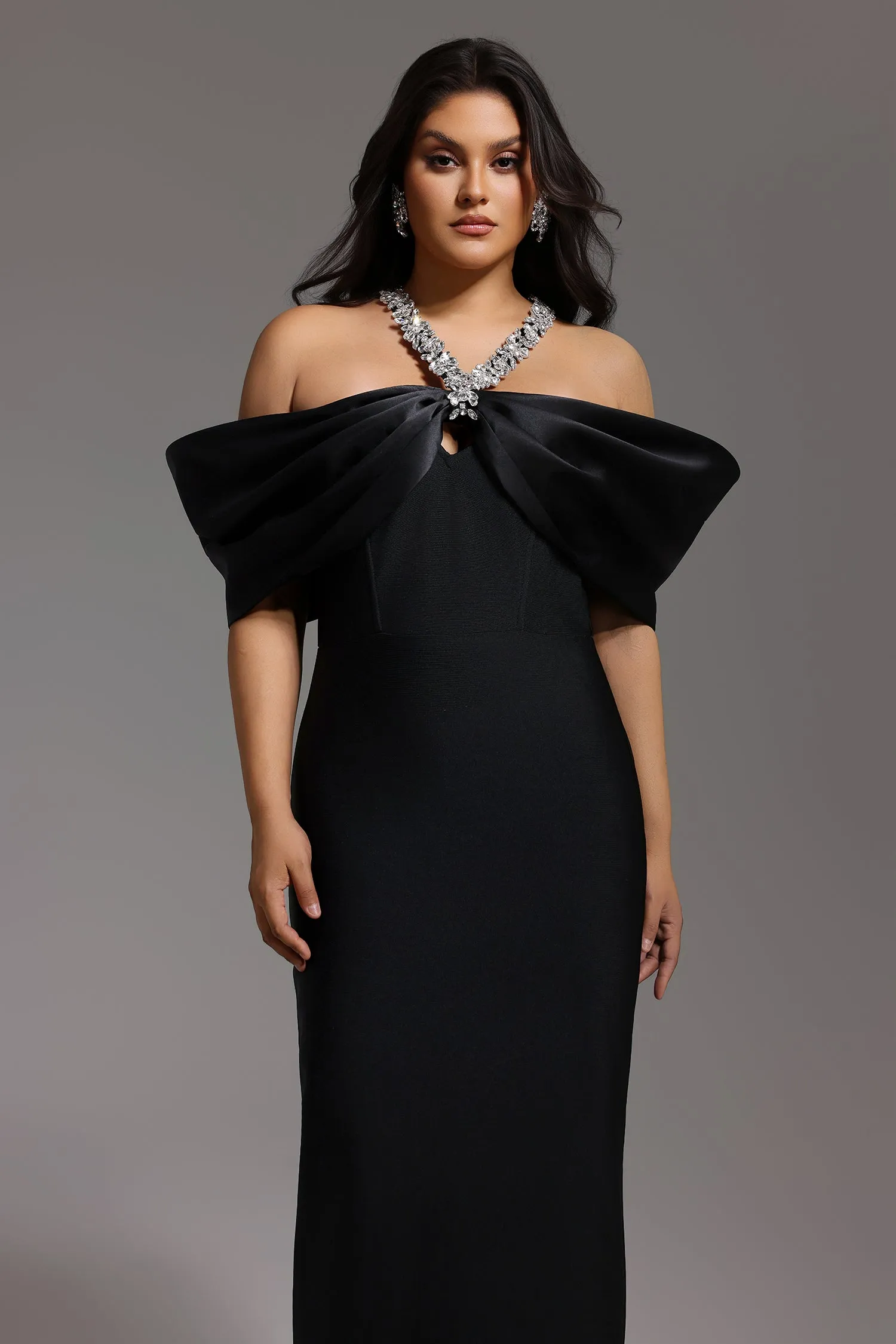 Sloan Halter Diamond Off-The-Shoulder Bandage Maxi Dress by Bella Barnett sold by Goddiva product image thumbnail 2