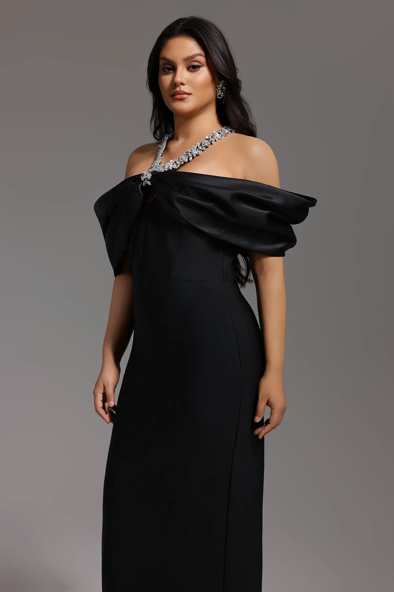 Sloan Halter Diamond Off-The-Shoulder Bandage Maxi Dress by Bella Barnett sold by Goddiva product image thumbnail 3