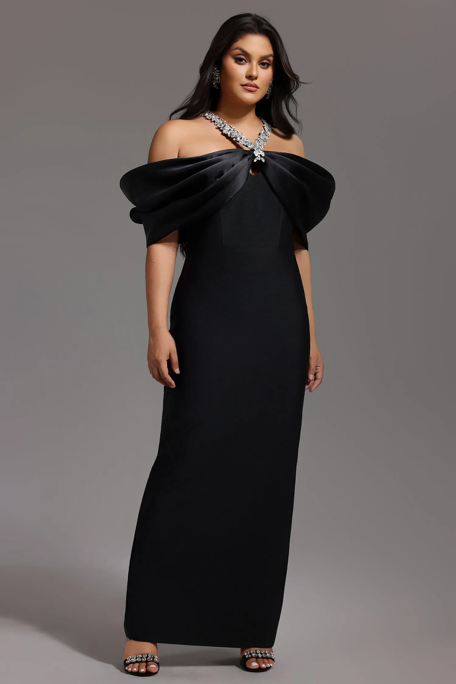 Sloan Halter Diamond Off-The-Shoulder Bandage Maxi Dress by Bella Barnett sold by Goddiva product image thumbnail 4