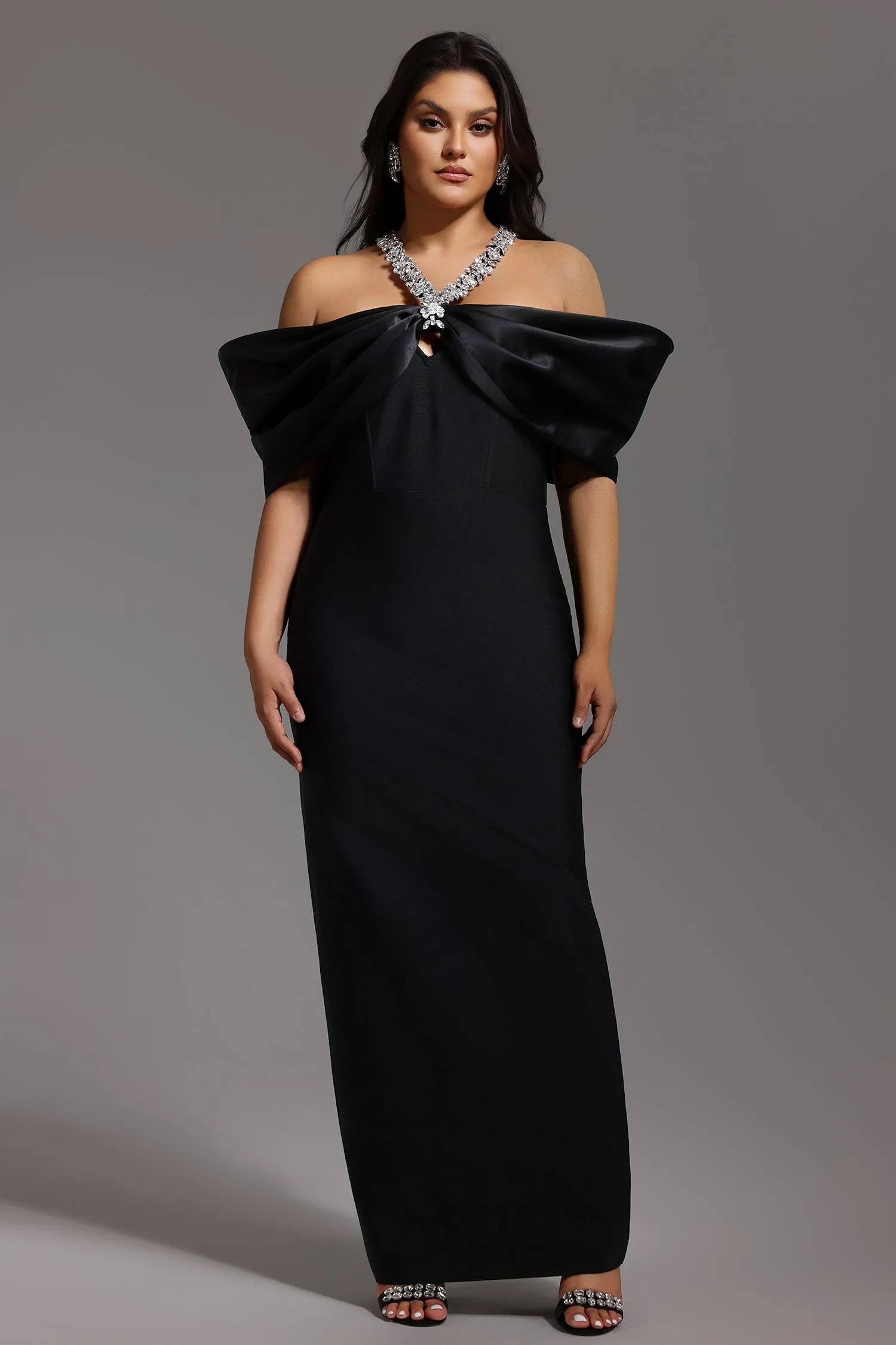 Sloan Halter Diamond Off-The-Shoulder Bandage Maxi Dress by Bella Barnett sold by Goddiva