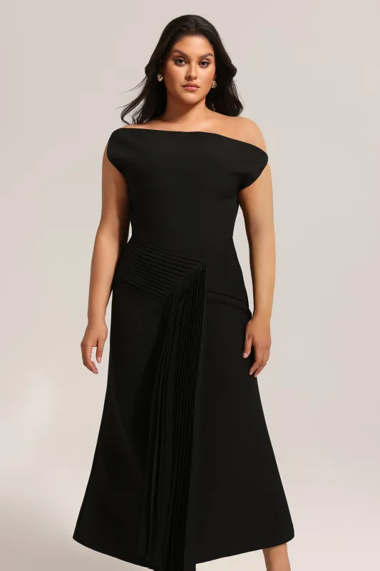 Juny Oblique Shoulder Sleeveless Folds Midi Dress by Bella Barnett made by Bella Barnett