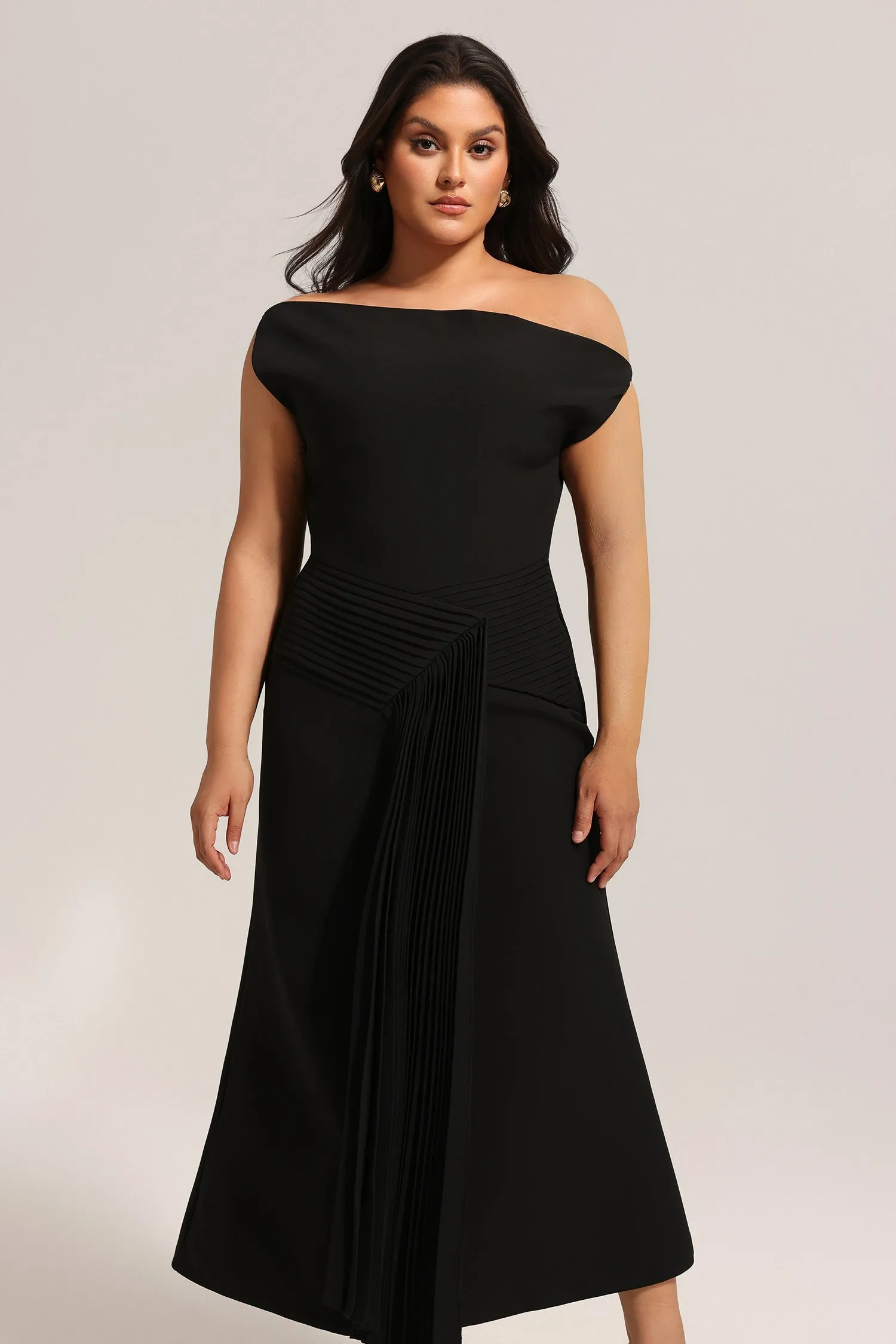 Juny Oblique Shoulder Sleeveless Folds Midi Dress by Bella Barnett sold by Goddiva