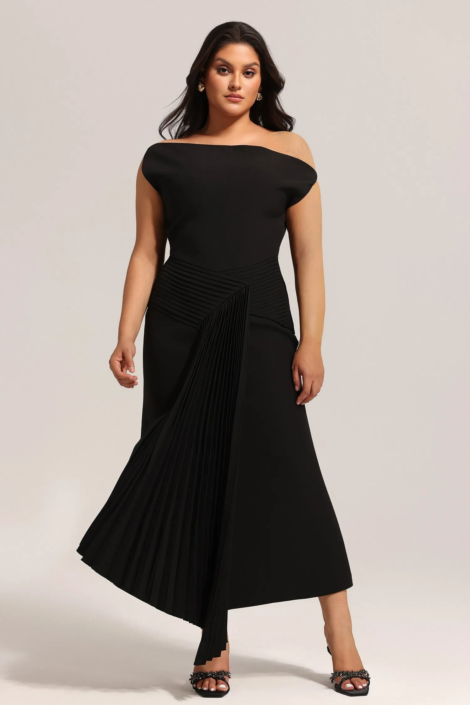 Juny Oblique Shoulder Sleeveless Folds Midi Dress by Bella Barnett sold by Goddiva product image thumbnail 2