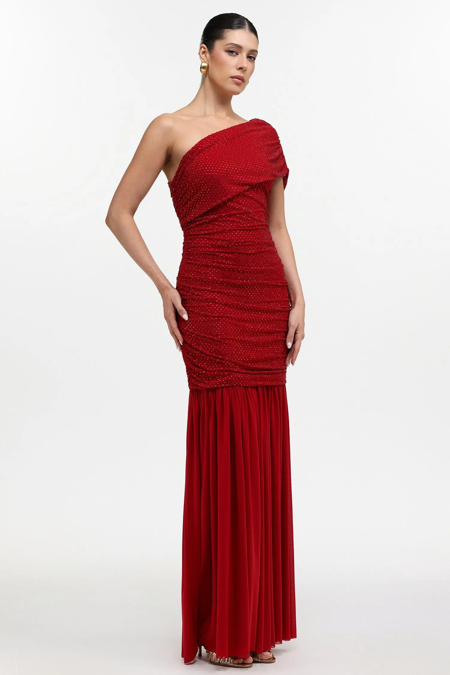 Naida Elegant Contour One Shoulder Ruched Crystal Maxi Dress by Bella Barnett sold by Goddiva product image thumbnail 3