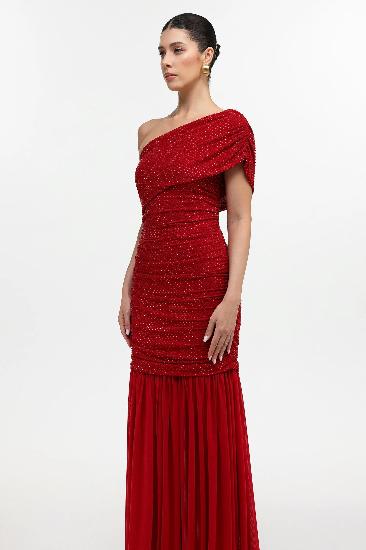 Naida Elegant Contour One Shoulder Ruched Crystal Maxi Dress by Bella Barnett sold by Goddiva product image thumbnail 4