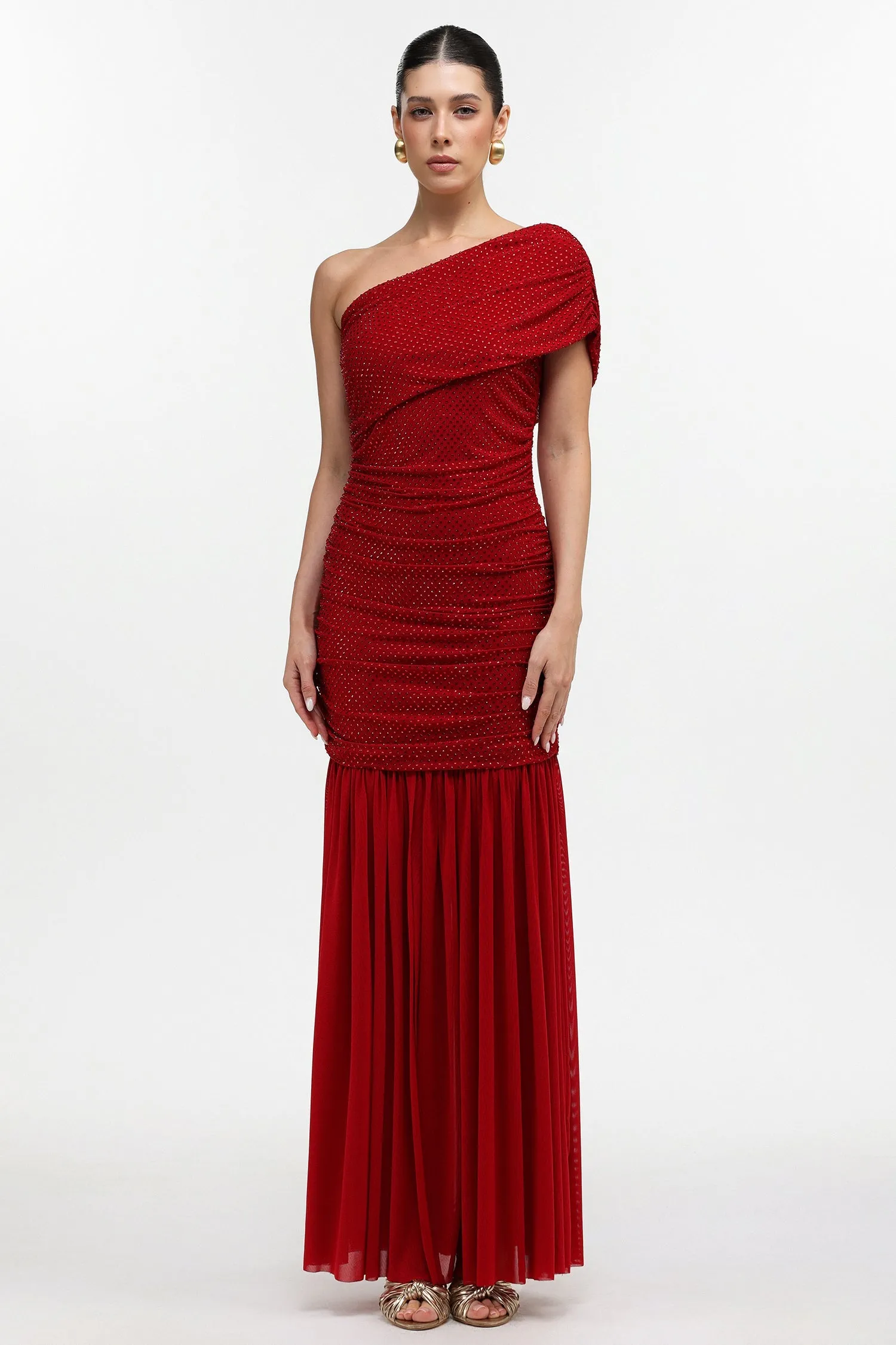 Naida Elegant Contour One Shoulder Ruched Crystal Maxi Dress by Bella Barnett sold by Goddiva