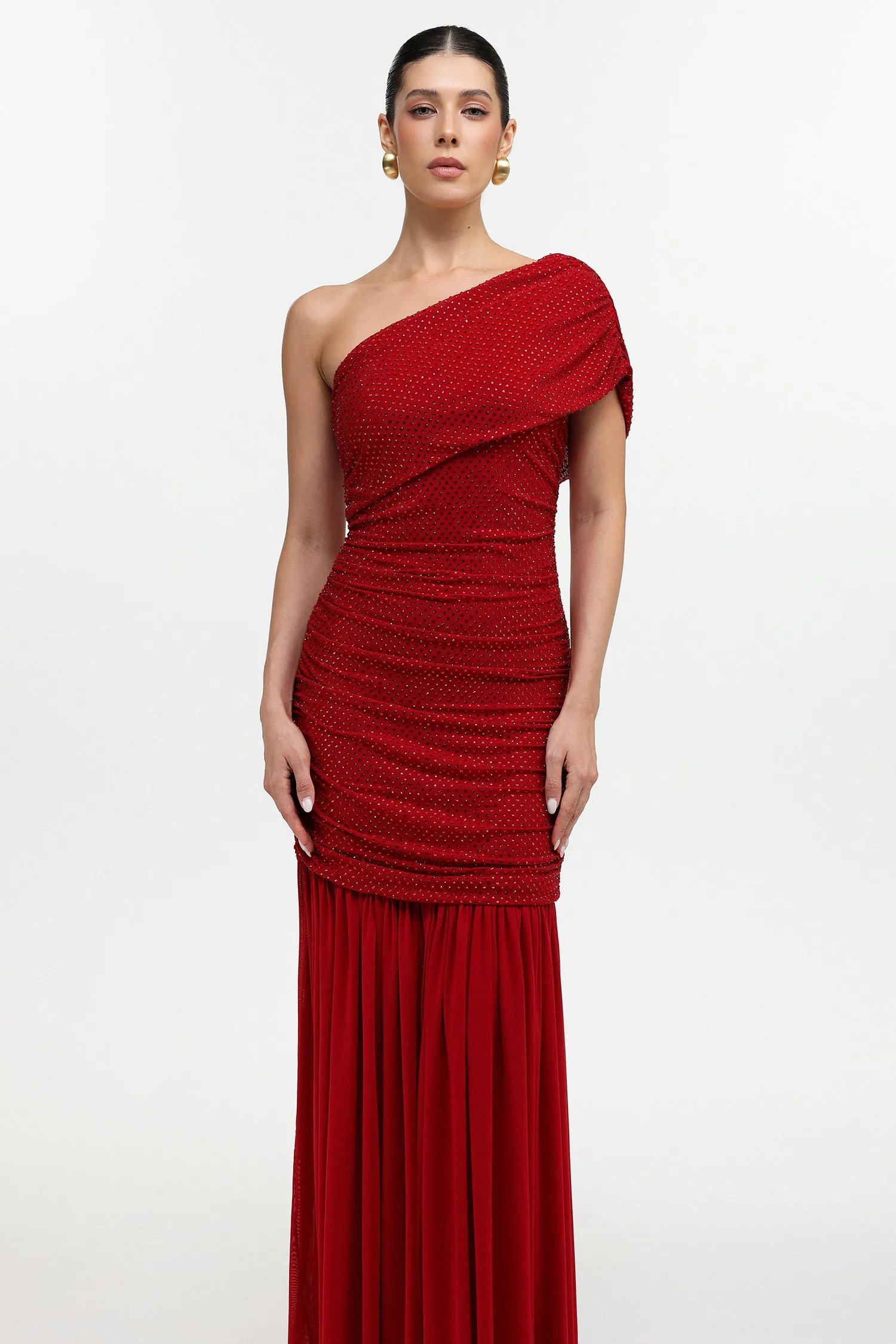 Naida Elegant Contour One Shoulder Ruched Crystal Maxi Dress by Bella Barnett sold by Goddiva product image thumbnail 2
