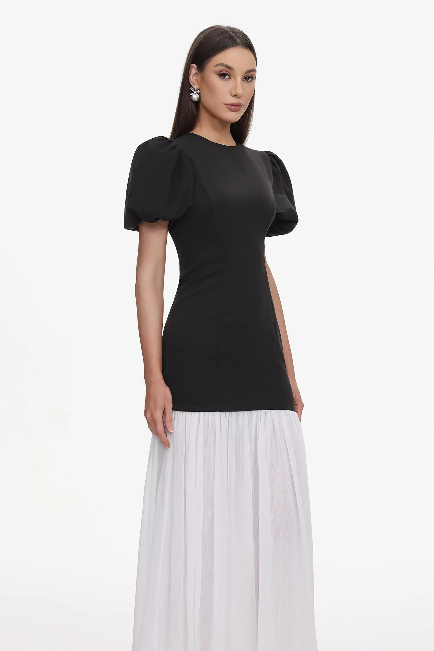 Spiral Classic Tailored Puff Sleeve Pleated Contrast Maxi Dress by Bella Barnett sold by Goddiva product image thumbnail 3
