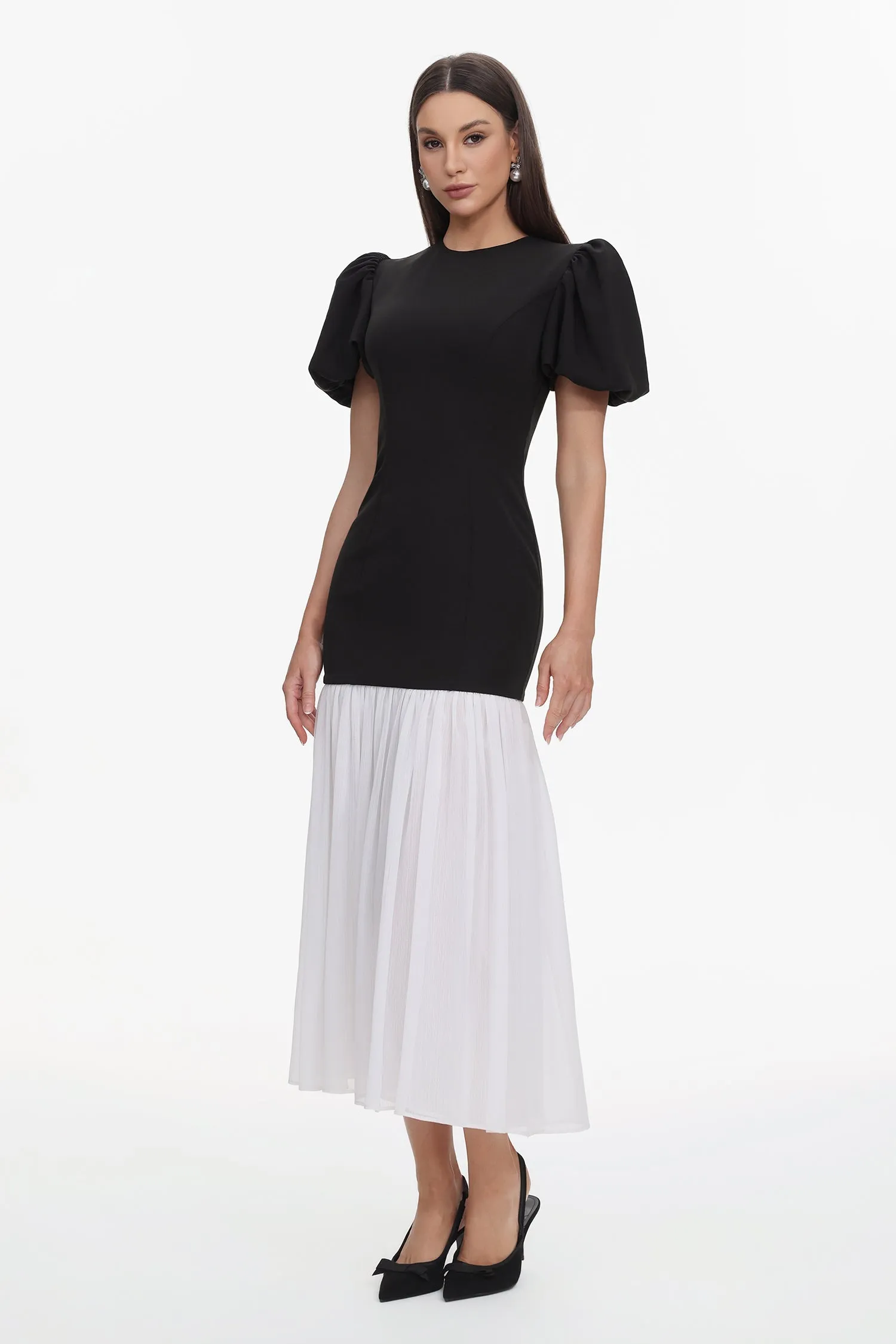 Spiral Classic Tailored Puff Sleeve Pleated Contrast Maxi Dress by Bella Barnett sold by Goddiva product image thumbnail 4