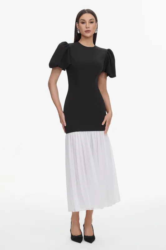 Spiral Classic Tailored Puff Sleeve Pleated Contrast Maxi Dress by Bella Barnett made by Bella Barnett