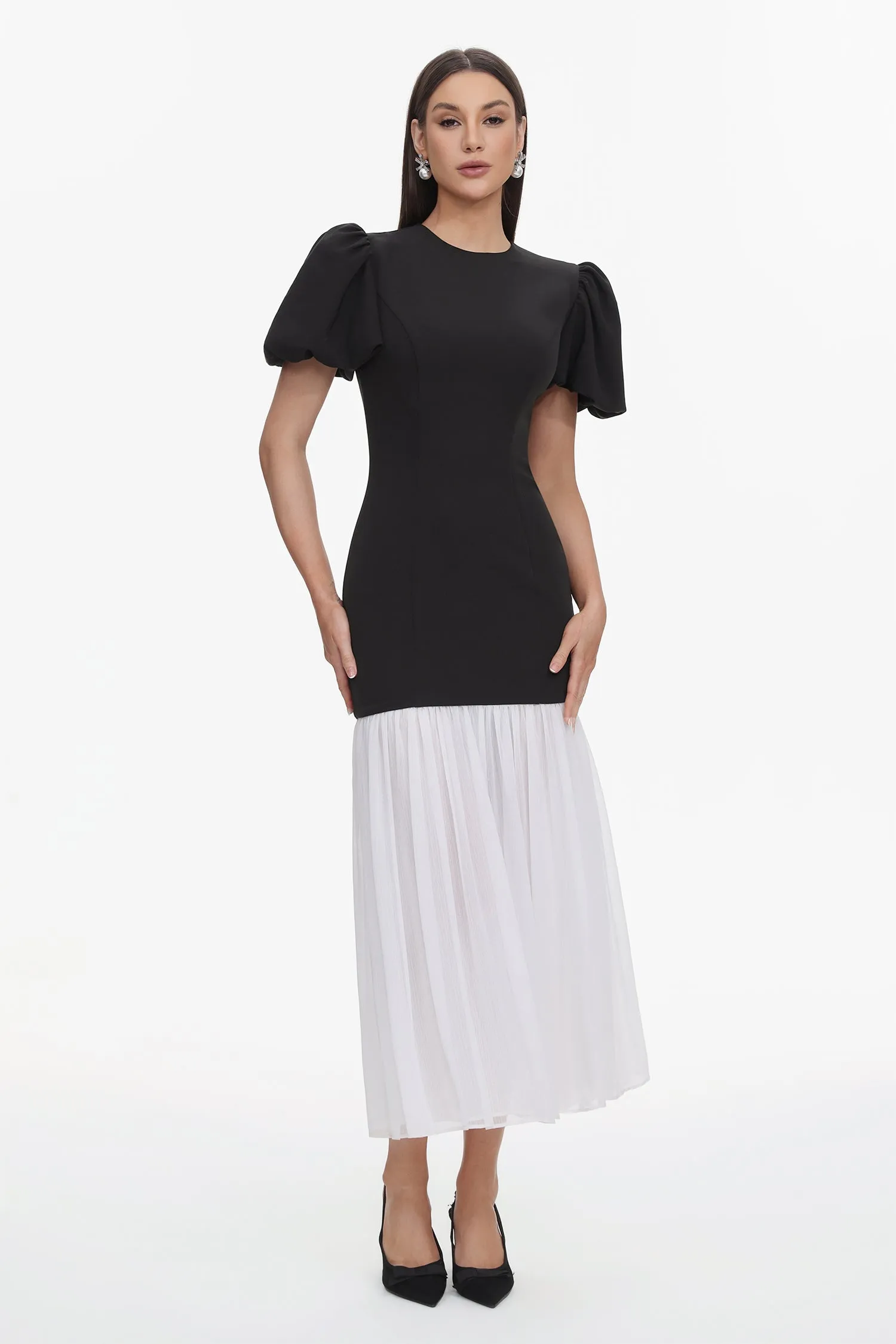 Spiral Classic Tailored Puff Sleeve Pleated Contrast Maxi Dress by Bella Barnett sold by Goddiva
