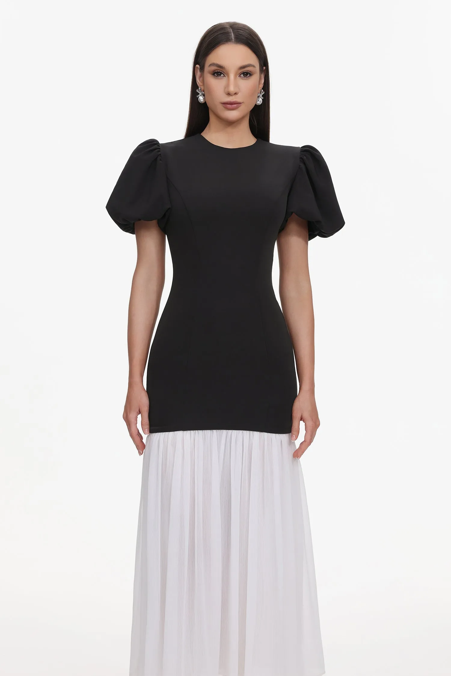 Spiral Classic Tailored Puff Sleeve Pleated Contrast Maxi Dress by Bella Barnett sold by Goddiva product image thumbnail 2