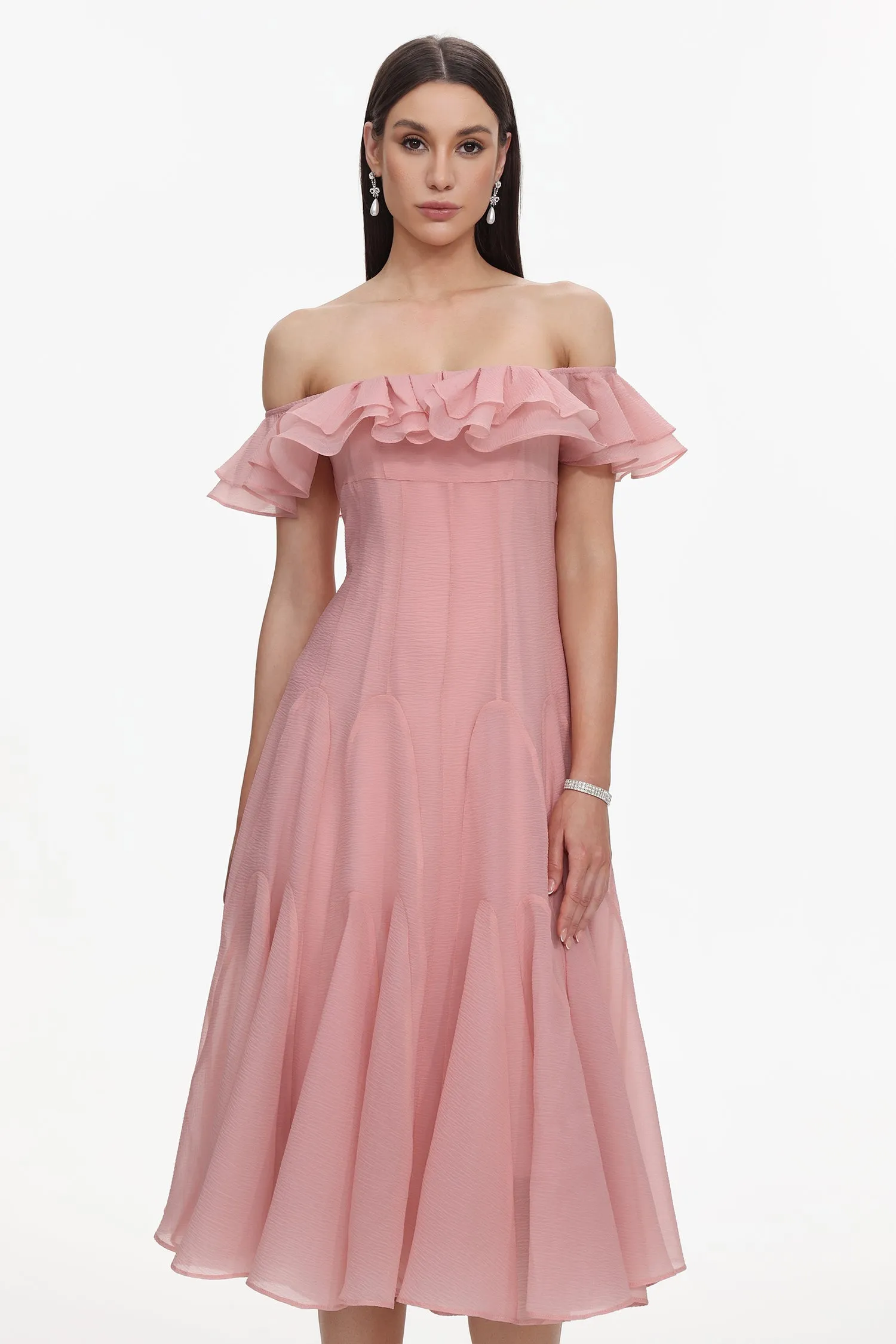 Wika Romantic Flowy Off Shoulder Ruffle Midi Dress by Bella Barnett sold by Goddiva product image thumbnail 2