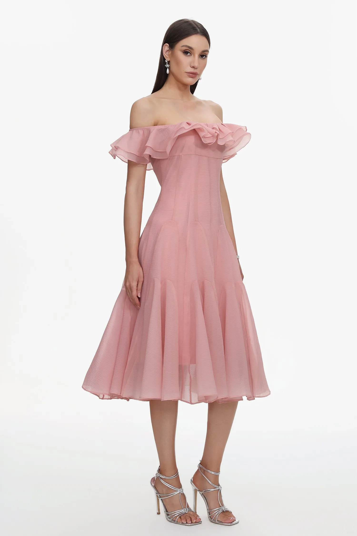 Wika Romantic Flowy Off Shoulder Ruffle Midi Dress by Bella Barnett sold by Goddiva product image thumbnail 3