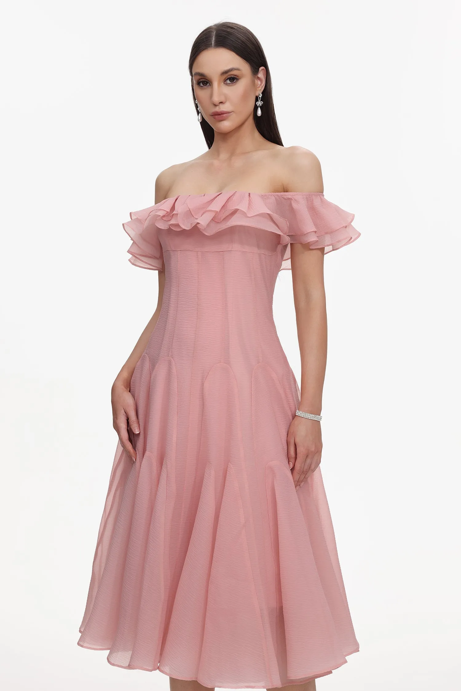 Wika Romantic Flowy Off Shoulder Ruffle Midi Dress by Bella Barnett sold by Goddiva product image thumbnail 4