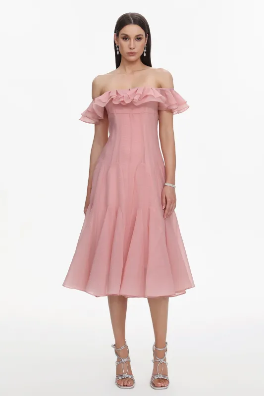 Wika Romantic Flowy Off Shoulder Ruffle Midi Dress by Bella Barnett made by Bella Barnett