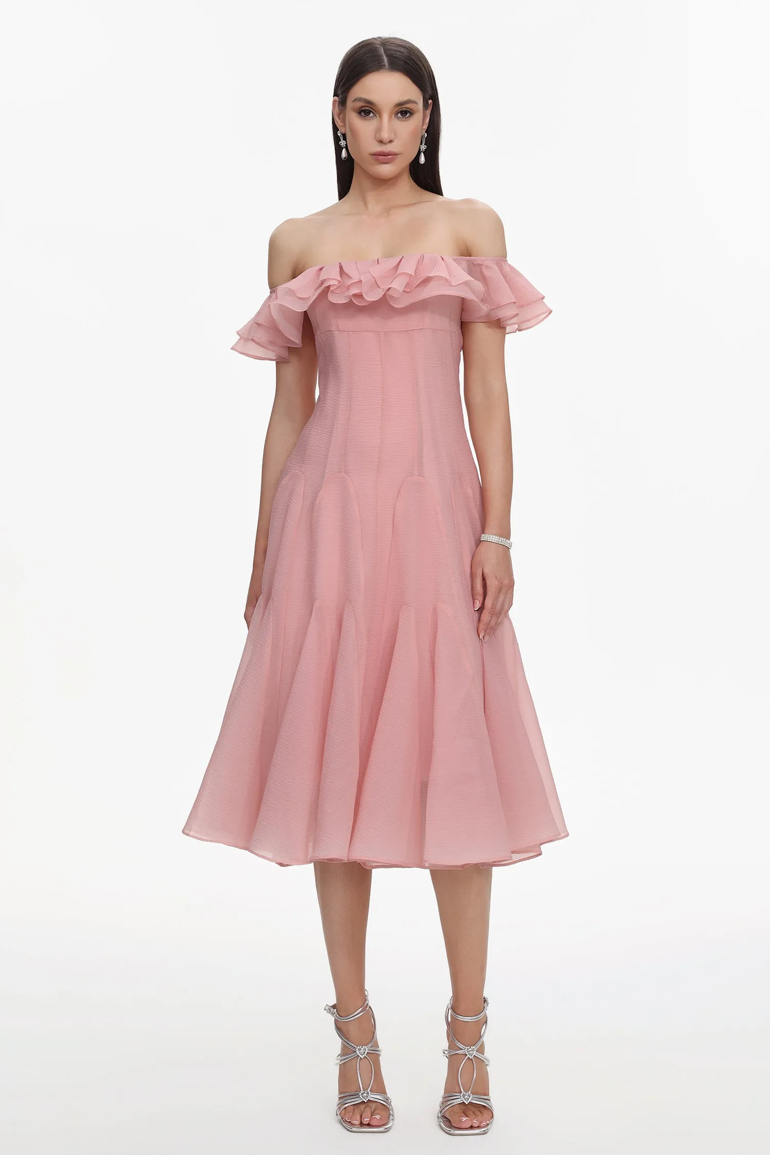Wika Romantic Flowy Off Shoulder Ruffle Midi Dress by Bella Barnett sold by Goddiva