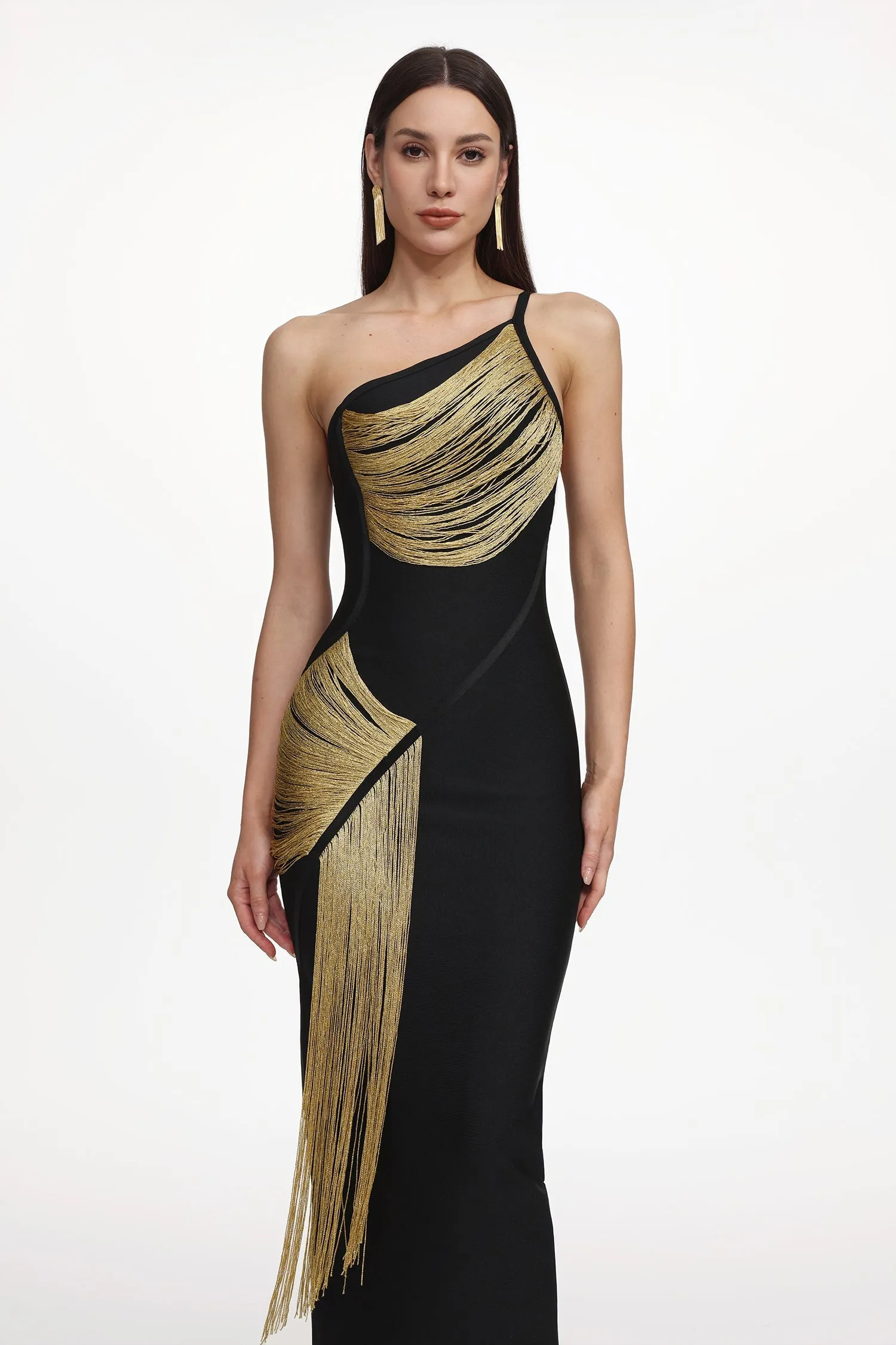 Roanna One Shoulder Sleeveless Golden Tassels Bandage Maxi Dress by Bella Barnett sold by Goddiva product image thumbnail 2
