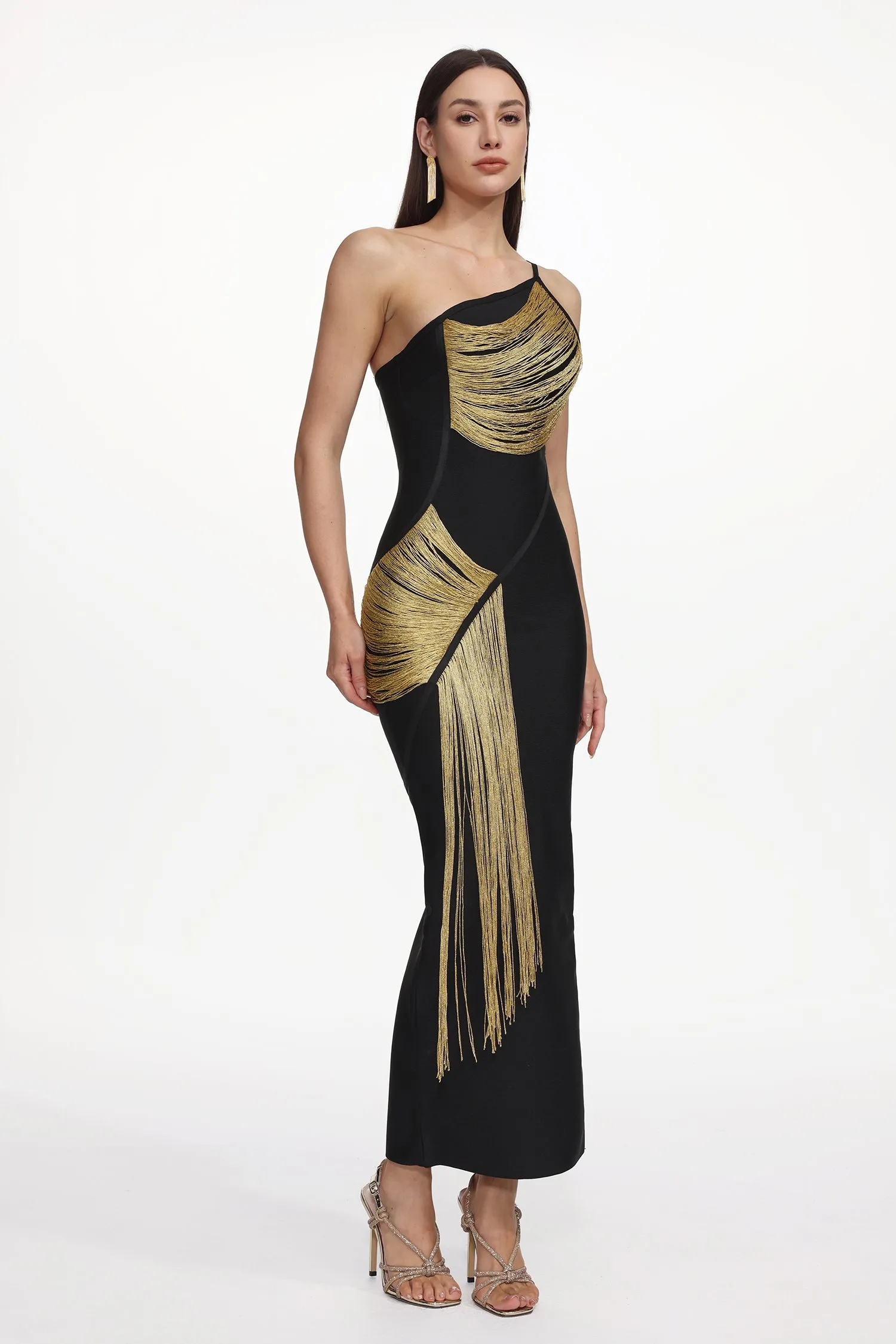 Roanna One Shoulder Sleeveless Golden Tassels Bandage Maxi Dress by Bella Barnett sold by Goddiva product image thumbnail 3